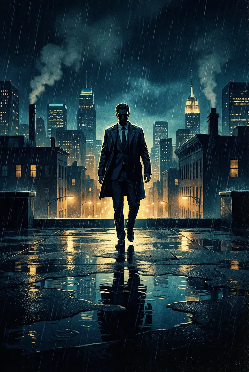 据狗狗 出品影片《雨夜独行者》海报，雨中城市屋顶男性剪影